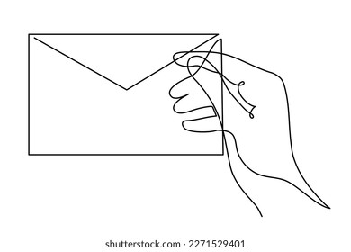 Hand with letter,one line art,continuous contour drawing,hand-drawn gesture with envelope,paper message.Symbol of communication between people,correspondence.Editable stroke.Isolated.Vector 