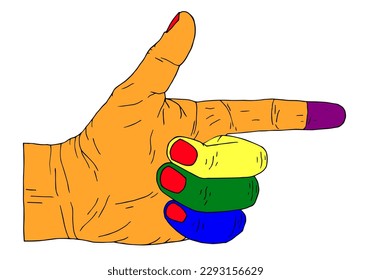 The hand in LGBT colors indicates the direction from left to right. Freehand drawing. Doodle. Hand Drawn. Outline.