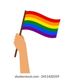 Hand mit LGBT-Flagge, LGBT-Hintergrund, LGBT-Farben Regenbogenflagge. Banner, Poster, Vorlage, Vektorgrafik