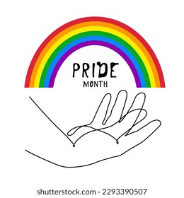 Hand with LGBT flag rainbow one line art,hand drawn pride month decoration continuous contour.People's rights movement,diversity love time, outline design.Editable stroke.Isolated.Vector illustration