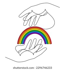 Mano con arcoiris de bandera LGBT de una línea arte, orgullo dibujado a mano mes de decoración contorno continuo.Movimiento por los derechos de la gente, diversidad tiempo de amor, diseño de contorno.Acto editable.Isolated.Vector ilustración