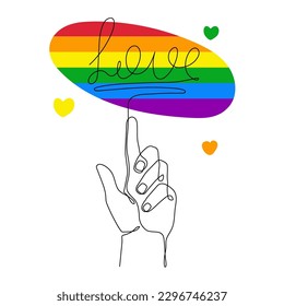 Hand with LGBT flag rainbow one line art,hand drawn pride month decoration continuous contour.People's rights movement,diversity love time, outline design.Editable stroke.Isolated.Vector illustration