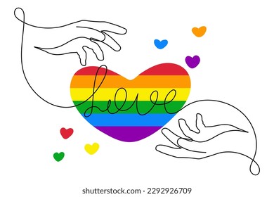 Hand with LGBT heart flag rainbow one line art,hand drawn pride month decoration continuous contour.People's rights movement,diversity love time outline design.Editable illustration