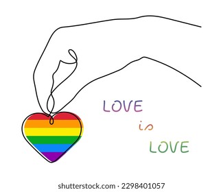 Hand with LGBT heart flag rainbow one line art,hand drawn pride month decoration continuous contour.People's rights movement,diversity time outline design.Editable stroke.Isolated.Vector illustration