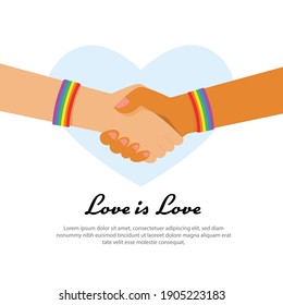 hand of LGBT holding together with rainbow ribbon symbol; concept of LGBT pride, LGBTQ people, lgbt rights campaign.