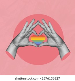 Hand LGBTQ+ celebration with lgbtq heart, Valentine's Day collage featuring a hand making a heart gesture, Valentine concpet, Trendy retro 60s 70s cartoon style.