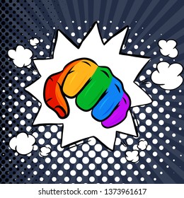 Man’s hand, the LGBTQ theme. Pride Month.  LGBT equal rights movement and concept of gender equality.Pop art vector illustration.