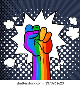 Man’s hand, the LGBTQ theme. Pride Month.  LGBT equal rights movement and concept of gender equality.Pop art vector illustration.