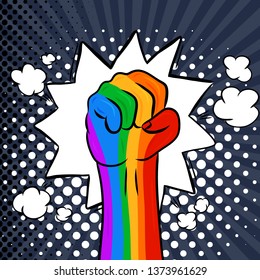 Man’s hand, the LGBTQ theme. Pride Month.  LGBT equal rights movement and concept of gender equality.Pop art vector illustration.