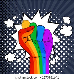 Man’s hand, the LGBTQ theme. Pride Month.  LGBT equal rights movement and concept of gender equality.Pop art vector illustration.