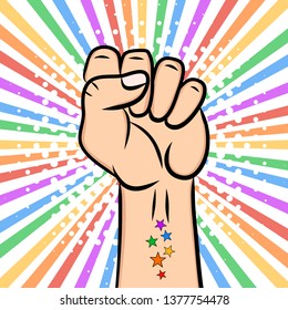 Man’s hand, the LGBTQ theme. Pride Month.  LGBT equal rights movement and concept of gender equality.Pop art vector illustration.