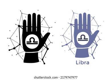 Hand with Libra symbol isolated on white background. Horoscope fortune telling art. Constellation doodle design.
