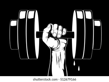 Hand lifted dumbbell weight. Strength and power symbol. Vector illustration
