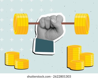 Hand lifting a barbell with coins instead of weights - financial achievements. Modern photo collage style. Vector illustration