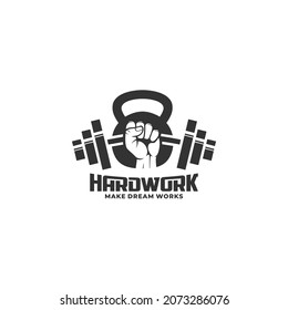 hand lifting barbell and dumbell illustration of hardwork silhouette