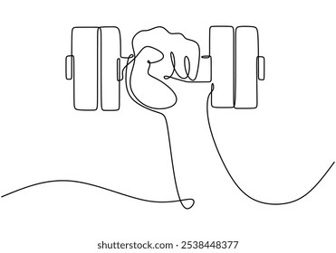 Handanheben einer Hantel, dargestellt in durchgehender einzeiliger Zeichnung. Sportliches Aktivitätskonzept mit Schwerpunkt auf Gewichtheben und Muskelentwicklung.