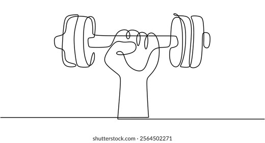 A hand lifting a barbell, symbolizing strength and fitness in sports. One line drawing illustrating the power of weightlifting. Vector illustration hand drawn.