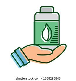 hand lifting battery with leaf plant ecology line and fill icon vector illustration design