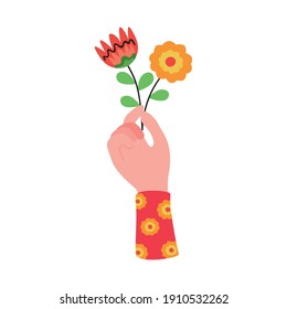 hand lifting beautiful flowers and leafs decoration vector illustration design