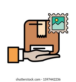 hand lifting box carton packing postal service vector illustration design