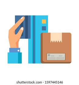 hand lifting box carton packing postal service vector illustration design