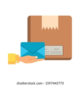 hand lifting box carton packing postal service vector illustration design