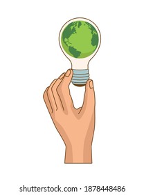 hand lifting bulb ecology with planet earth vector illustration design