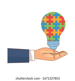 bombilla de elevación manual con piezas de juego de puzzle diseño de ilustración vectorial