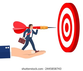 The hand is lifting the businessman to reach his goal. Businessman aim arrow to target. Goal setting. Smart goal. Business target concept. Vector illustration in flat style