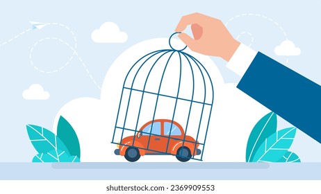 Hand lifting a cage of car. Big hand catching small businessman in car with birdcage. The concept of a fine, arrest, loan of movable property. Trendy vector illustration in flat style