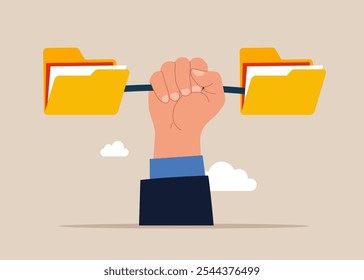 Hand lifting carrying folders. Backup up data transfer. Organize files folder. Modern vector illustration in flat style
