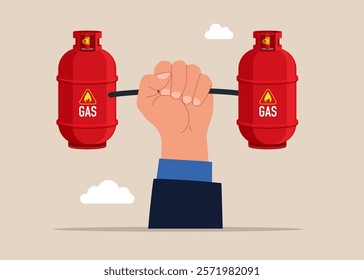 Hand lifting carrying gas cylinders. Finance and industry. Flat vector illustration