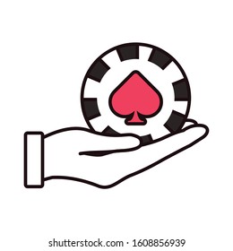 hand lifting casino chip with spade isolated icon vector illustration design