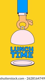 Hand lifting a cloche to reveal the words "Lunch Time" on a plate cartoon hand drawn illustration vector for food or meal-themed visuals badge icon design