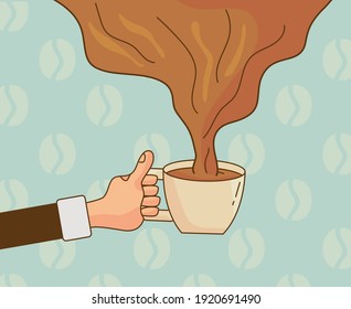 hand lifting coffee drink in ceramic cup and liquid vector illustration design