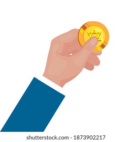 hand lifting coin with jewish golden star hanukkah vector illustration design