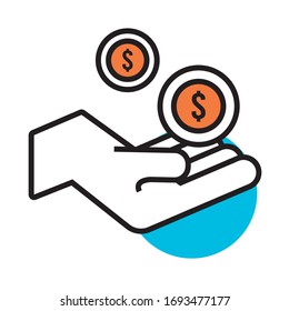 hand lifting coins money dollars line and fill style icon vector illustration design