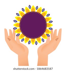hand lifting diwali floral decoration with sunflower petals vector illustration design
