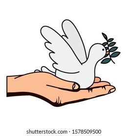 hand lifting dove flying with olive branch vector illustration design