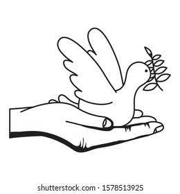 hand lifting dove flying with olive branch vector illustration design