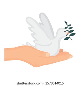 hand lifting dove flying with olive branch vector illustration design