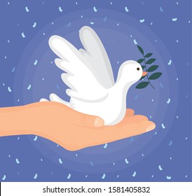 hand lifting dove flying with olive branch vector illustration design