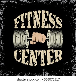 Hand lifting dumbbell gym and fitness sport club vintage logo on a black background. Vector illustration.