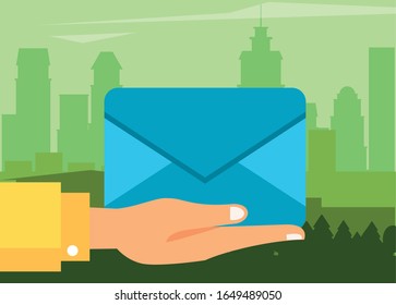 hand lifting with envelope postal service vector illustration design
