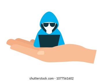 hand lifting hacker with laptop