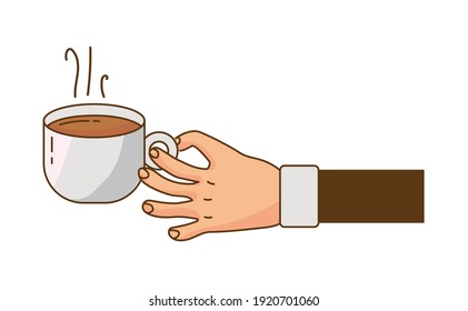 hand lifting hot coffee drink in ceramic cup isolated icon vector illustration design