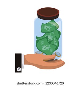 hand lifting jar with bills dollars