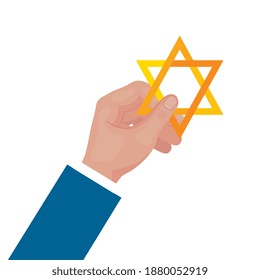 hand lifting jewish golden star hanukkah vector illustration design