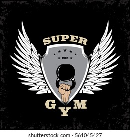 Hand lifting kettlebell gym and fitness sport club vintage logo on black background. Vector illustration.