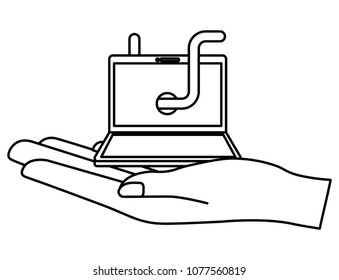 hand lifting laptop computer with worm virus infect